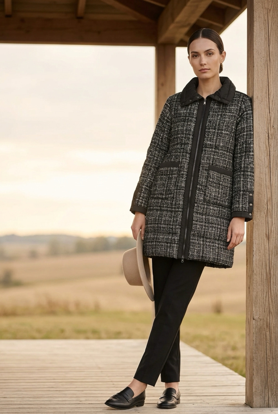 Bernardo Black White Tweed Puffer Coat Size L/G EcoPlume Green